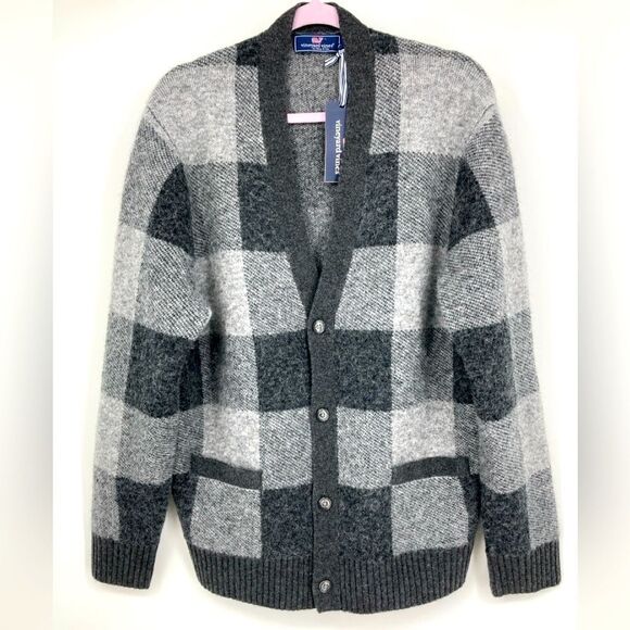 NWT Vineyard Vines Luxury Blend Buffalo Check V-Neck Charcoal Heather Cardigan L - Picture 1 of 12